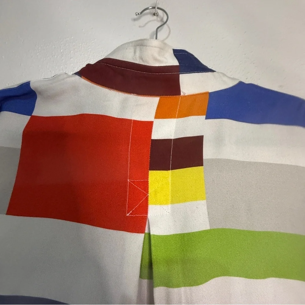 A La Carte Colorful, Casual Button-Up Tunic-Style Blouse. Flexible Collar. Sz L.